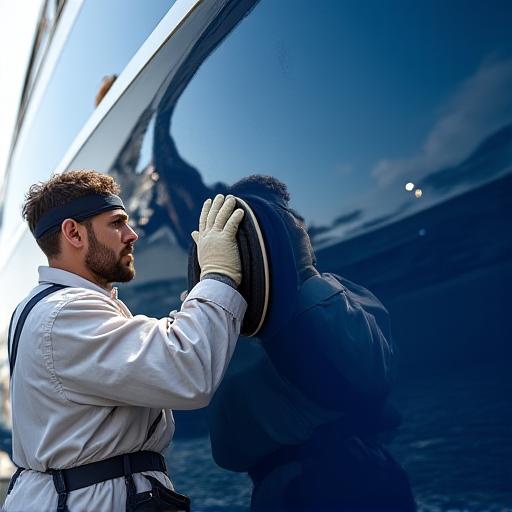 Operatore che lucida lo scafo blu di uno yacht